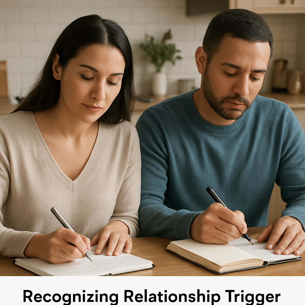 how-to-stop-being-defensive-in-a-relationship-a-practical-stepbystep-guide-1 A calm couple sitting at a kitchen table, each with a notebook, noting down emotional triggers. Alt: Recognizing relationship trigger moments for better communication
